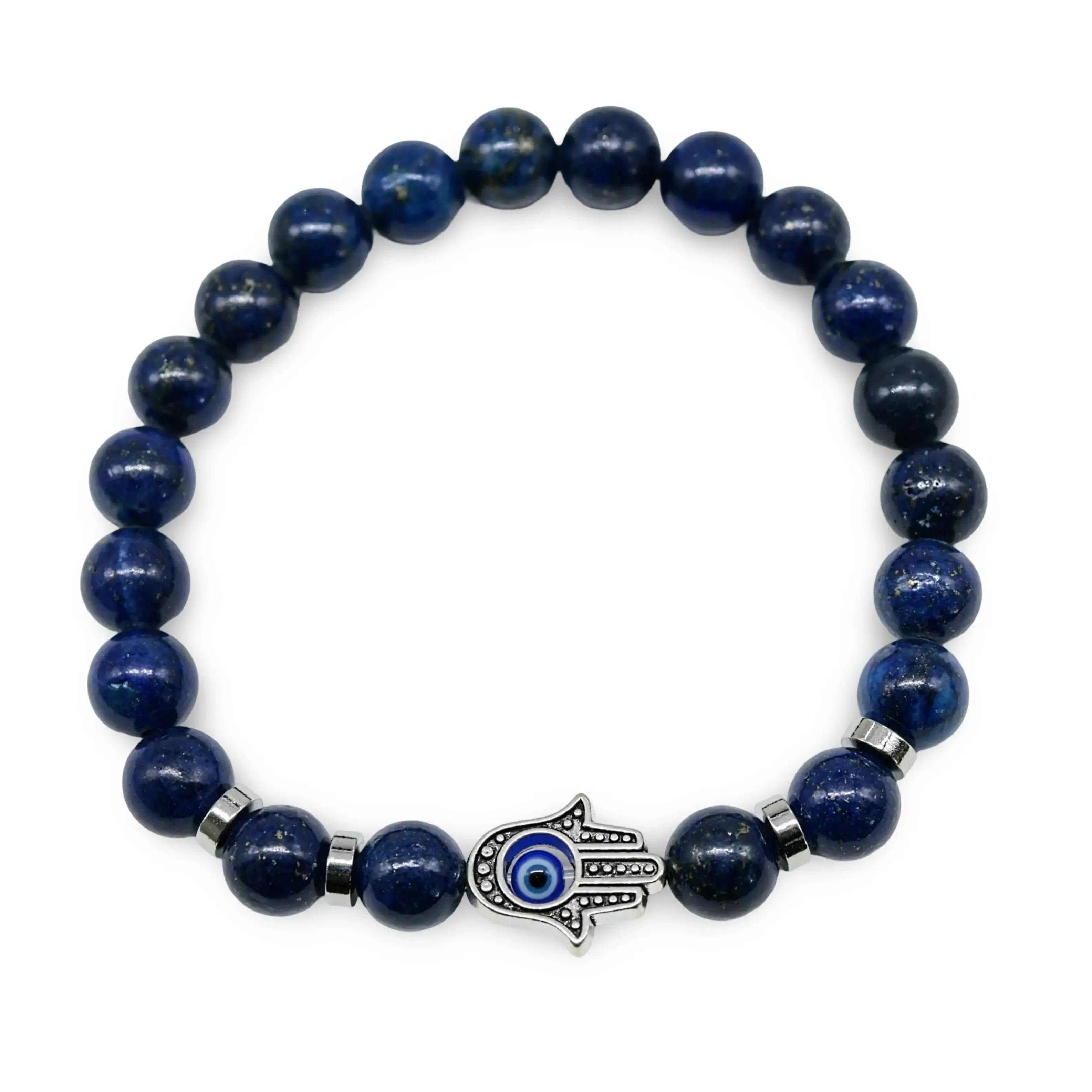 Bracelet - Lapis Lazuli with Fatima Hand & Evil Eye Charm - 8mm