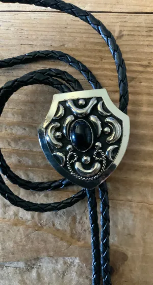 Engraved Silver Tone Black Stone Bolo Tie