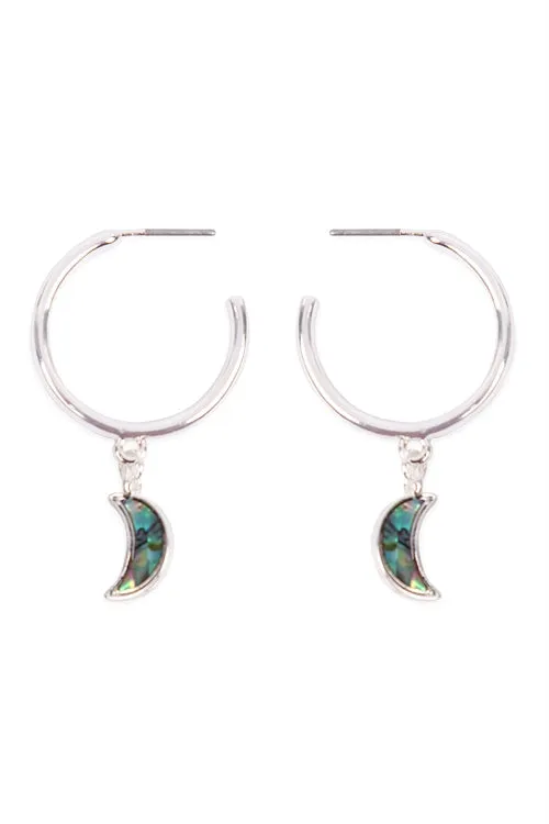 Genuine Abalone Shell Moon Shape Silver Hoop Earrings