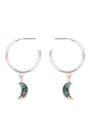 Genuine Abalone Shell Moon Shape Silver Hoop Earrings