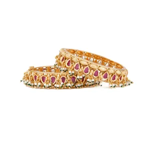 Gold Plated Pink Onyx Stone Studded With Pearl Drop Bangles, Set of 2