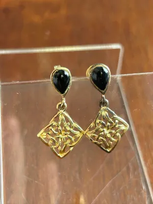 Gold Vermeil over Sterling Silver 925 Pear Shaped Onyx Dangly Drop Earrings