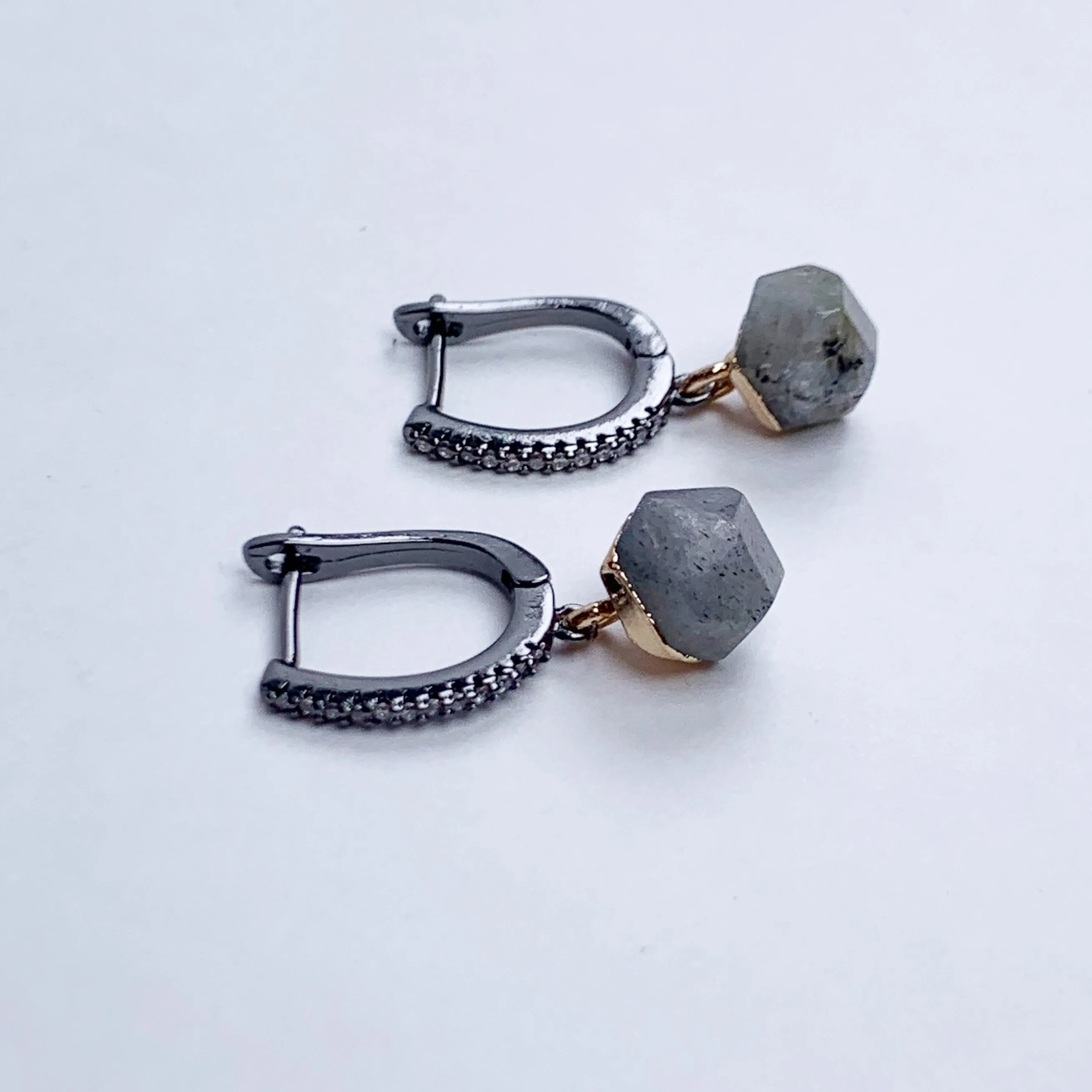 Gunmetal Pavé Mini Hoops with Grey Jasper Pendant