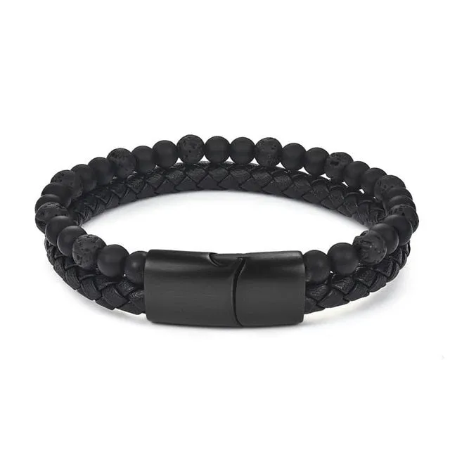 Jiayiqi 6MM Natural Stone Men Bracelet Black Genuine Leather Magnetic Buckle Bangle 18.5/20.5/22cm Male Jewelry Christmas Gifts