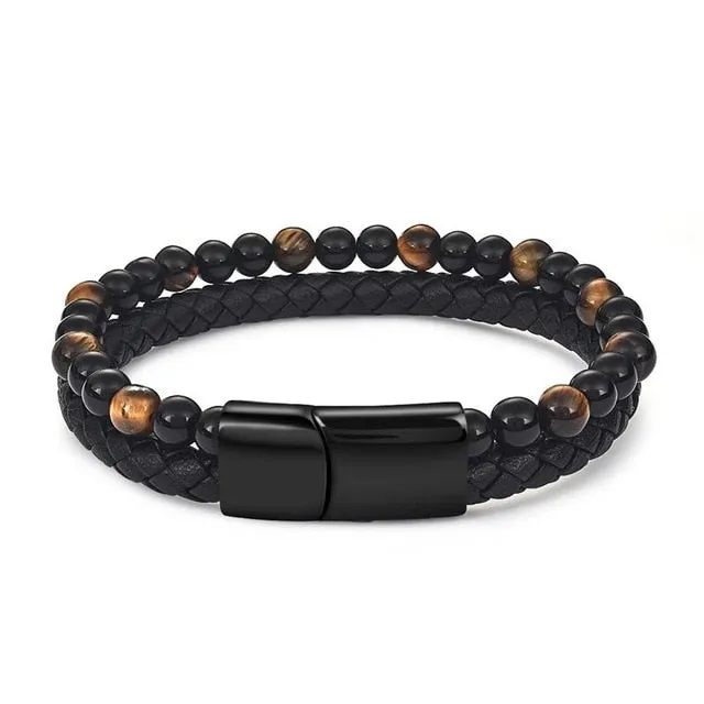 Jiayiqi 6MM Natural Stone Men Bracelet Black Genuine Leather Magnetic Buckle Bangle 18.5/20.5/22cm Male Jewelry Christmas Gifts