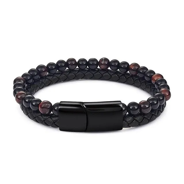 Jiayiqi 6MM Natural Stone Men Bracelet Black Genuine Leather Magnetic Buckle Bangle 18.5/20.5/22cm Male Jewelry Christmas Gifts