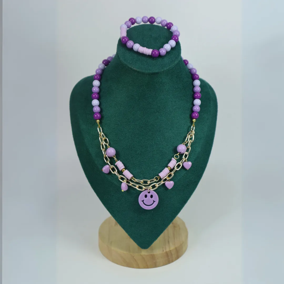 Kamule Beads With Chain Smile Neck Piece & Bracelet - Purple