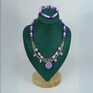 Kamule Beads With Chain Smile Neck Piece & Bracelet - Purple