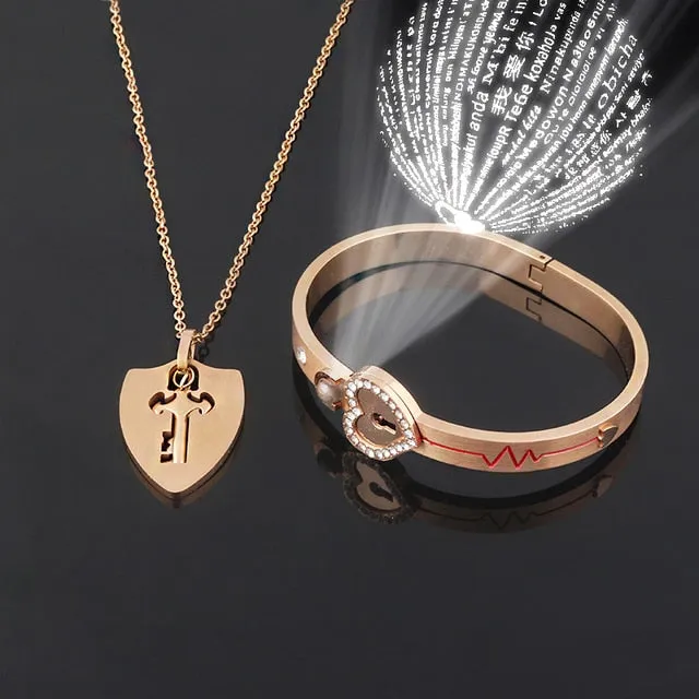 Matching Puzzle Couple Heart Lock Bracelet and Key Pendant Necklace for Lover Jewelry Gift