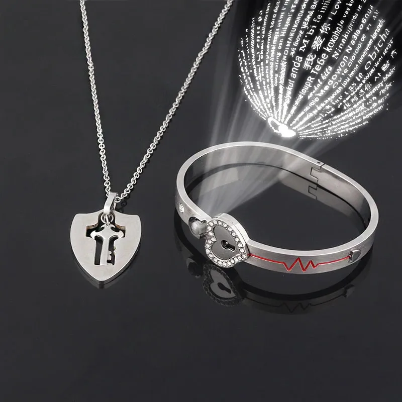 Matching Puzzle Couple Heart Lock Bracelet and Key Pendant Necklace for Lover Jewelry Gift