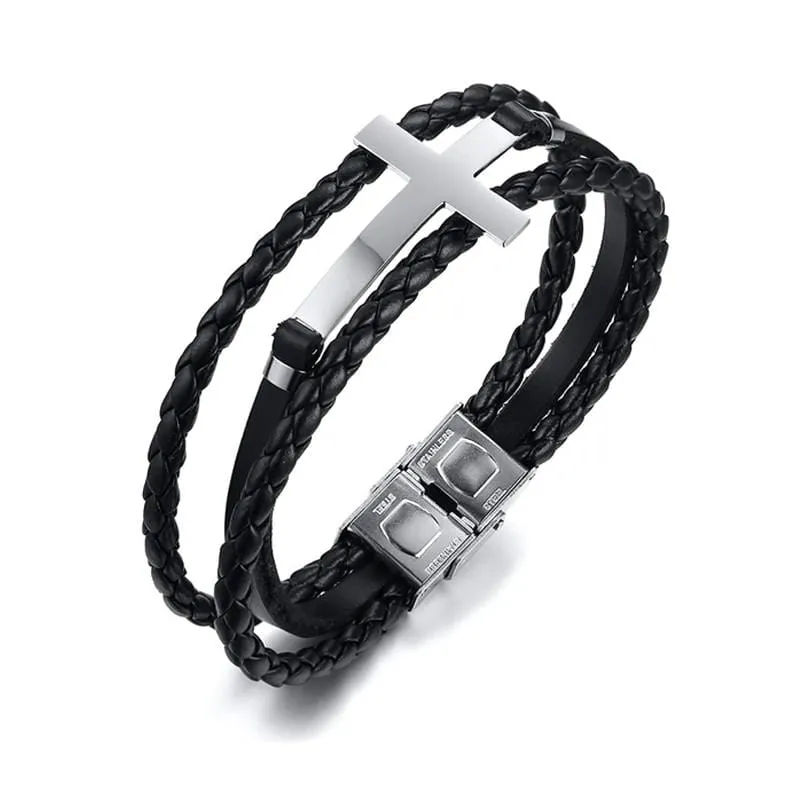 Men's Cross Bracelet <br> Multilayer Leather