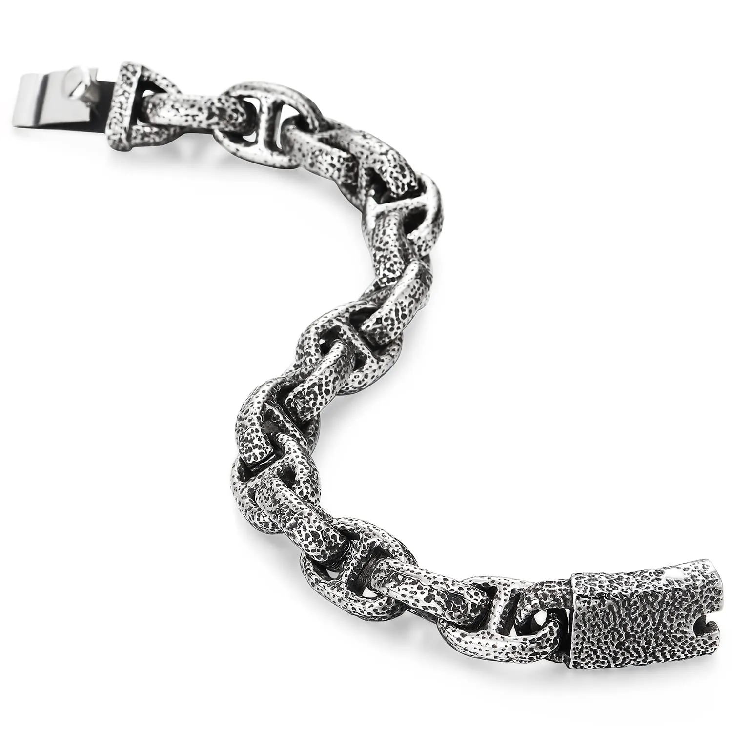 Mens Vintage Old Metal Dotted Textured Anchor Marine Link Chain Bracelet Stainless Steel Retro Style