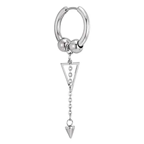 Mens Women Steel Balls Huggie Hinged Hoop Earrings with Dangling Long Chain Cone and Hollow Triangle