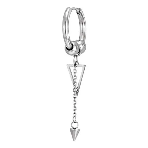 Mens Women Steel Balls Huggie Hinged Hoop Earrings with Dangling Long Chain Cone and Hollow Triangle