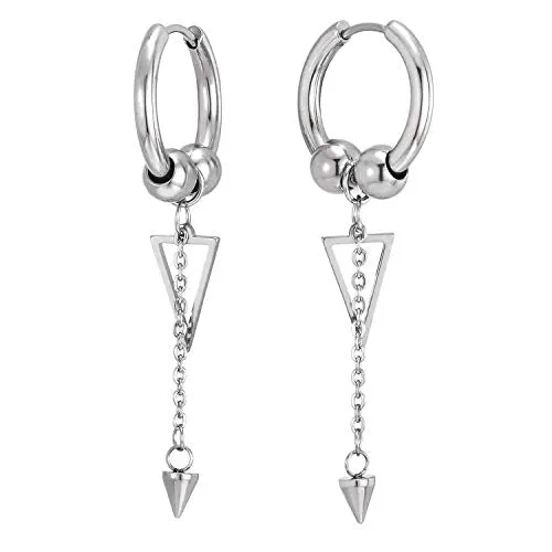 Mens Women Steel Balls Huggie Hinged Hoop Earrings with Dangling Long Chain Cone and Hollow Triangle