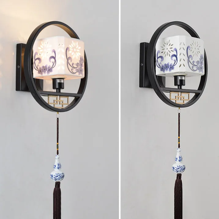 Modern Chinese Fabric Circle Locket 1- Light Wall Sconce Lamp