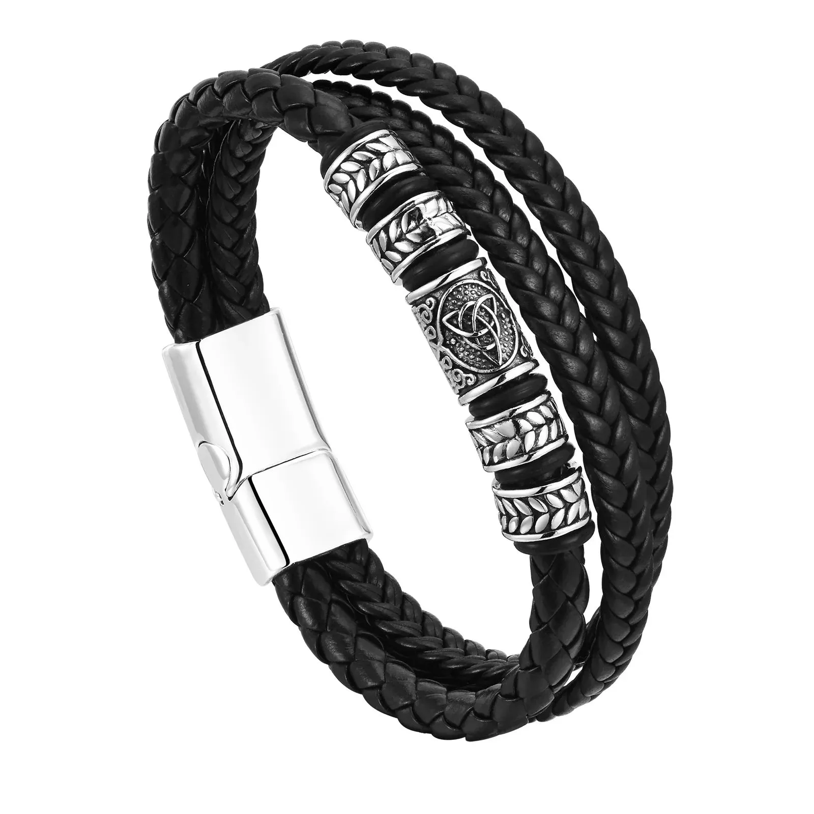 Mprainbow Mens Celtic Knot Charm Bracelets,3 Layers Black Braided Leather Rope Chain Wristband, Ethnic Gifts for Him Jewelry