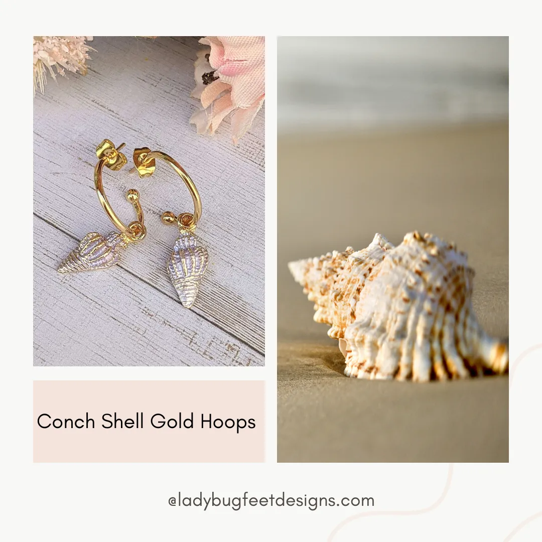 Pale Lavender Conch Seashell gold hoop earrings, Hoop Drop