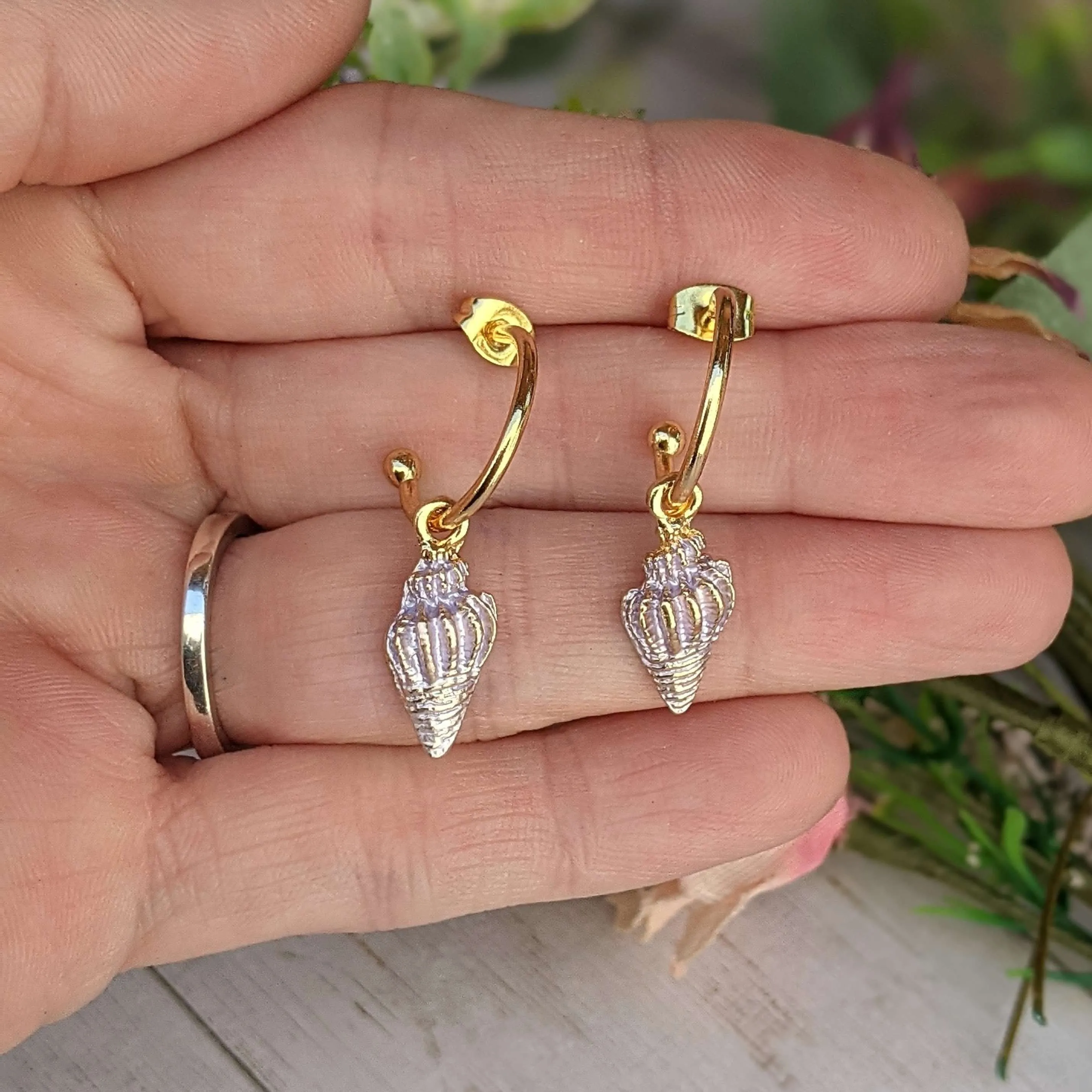 Pale Lavender Conch Seashell gold hoop earrings, Hoop Drop