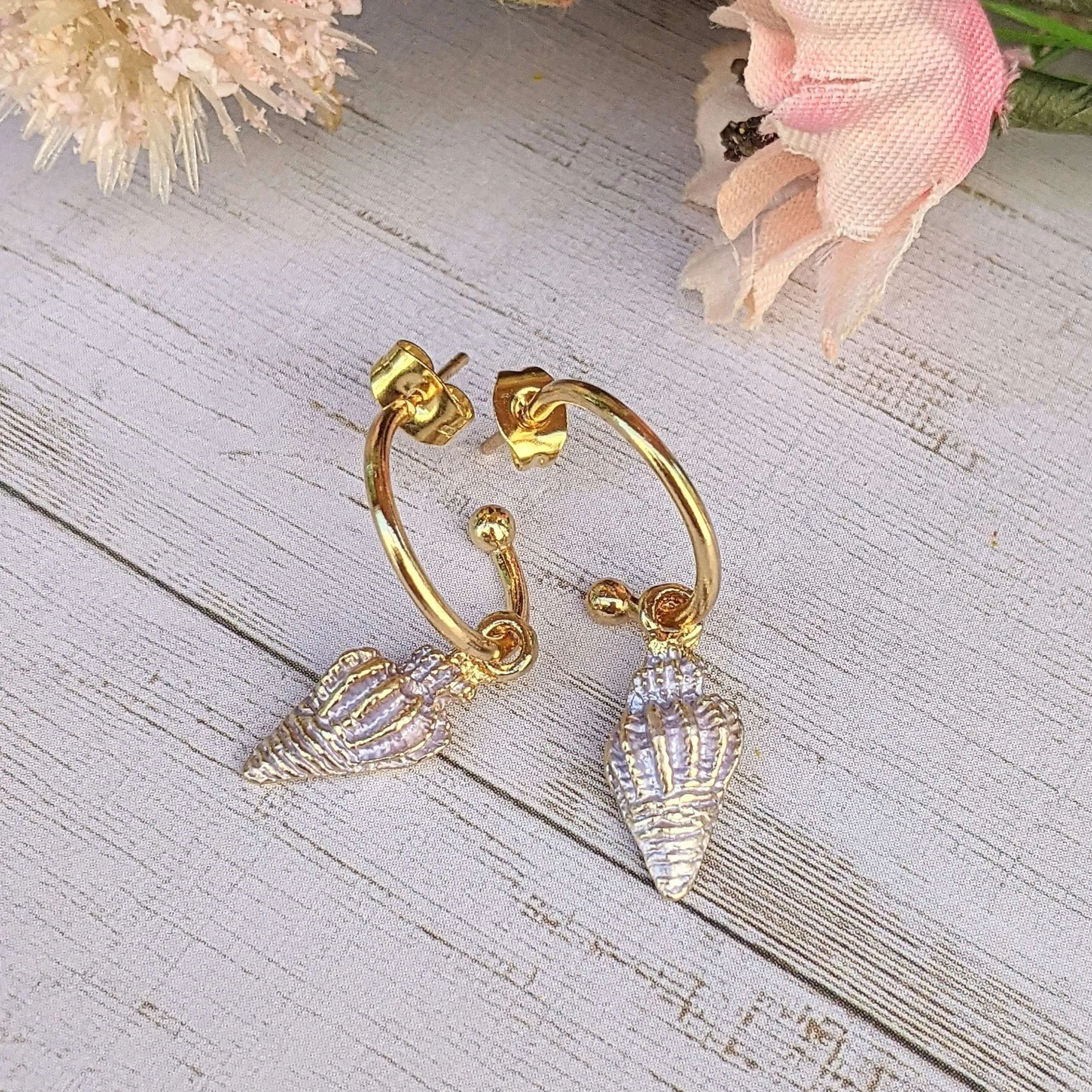 Pale Lavender Conch Seashell gold hoop earrings, Hoop Drop