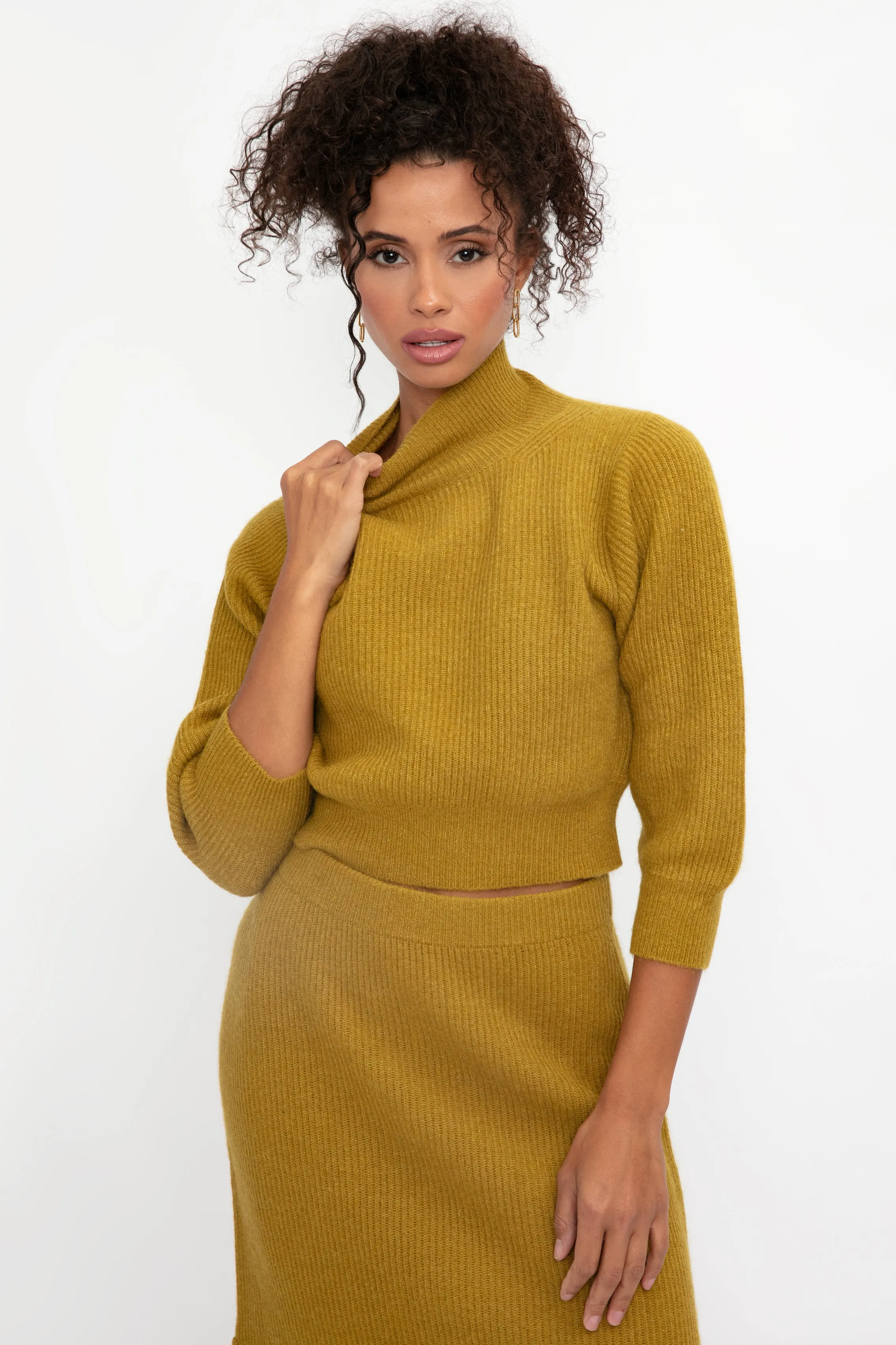 Platinum and Mohair High Neck Sweater in Curry