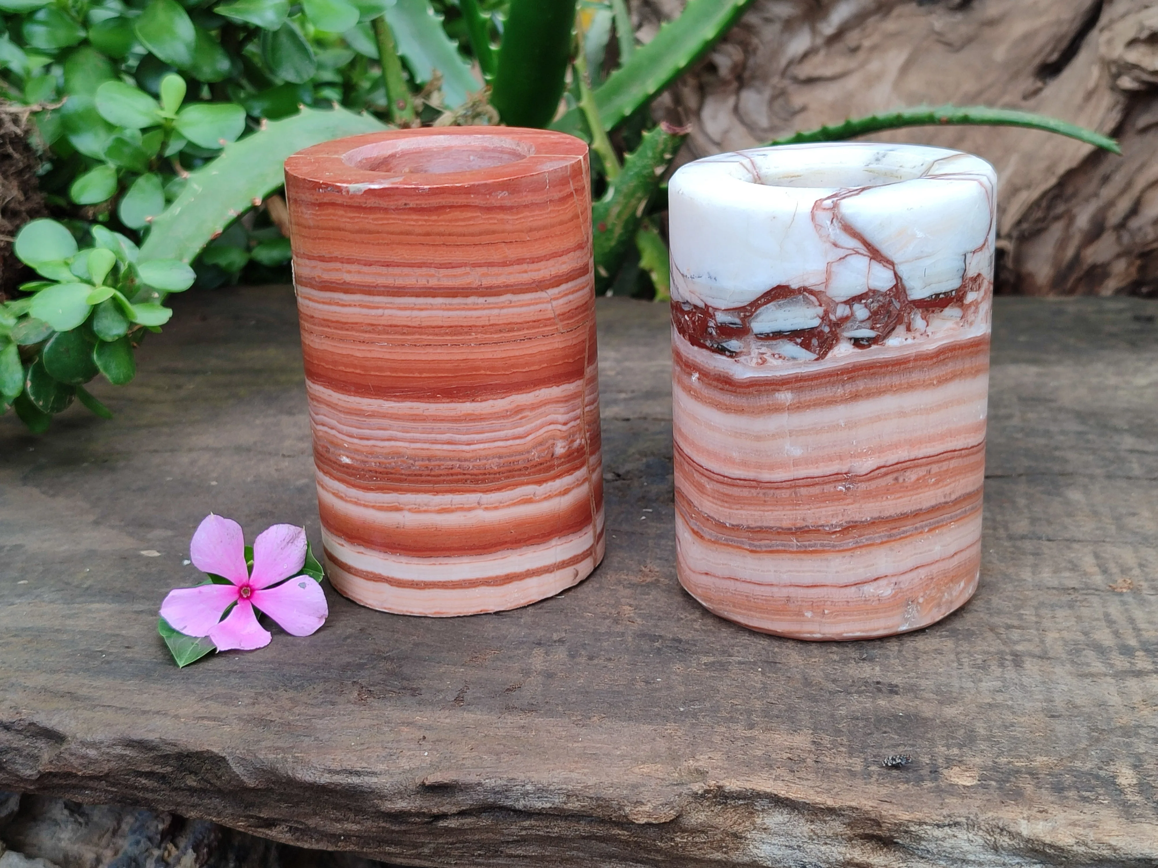 Polished Banded Onyx Candle Holders x 2 From Mexico