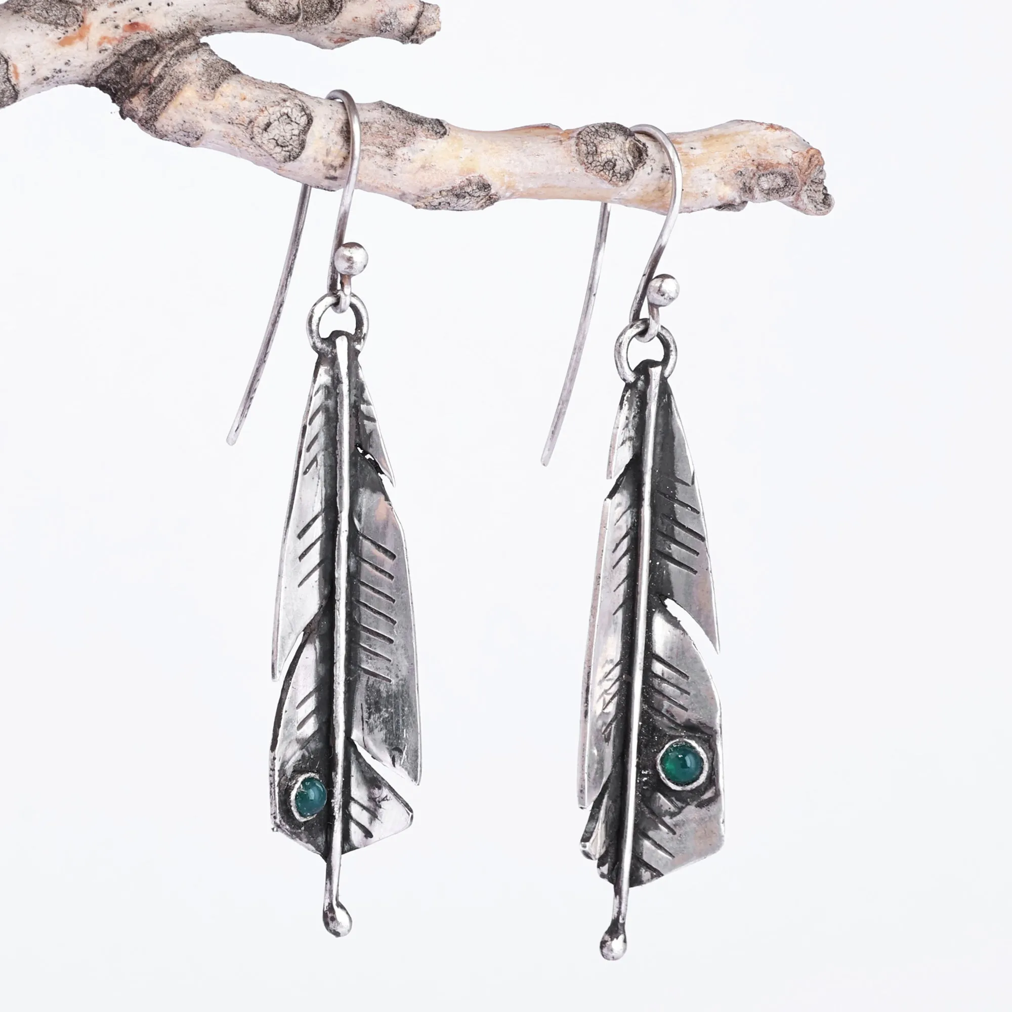 Polished Feather-Shaped Green Onyx Dangle Earrings - Plumage of the Serene | NOVICA