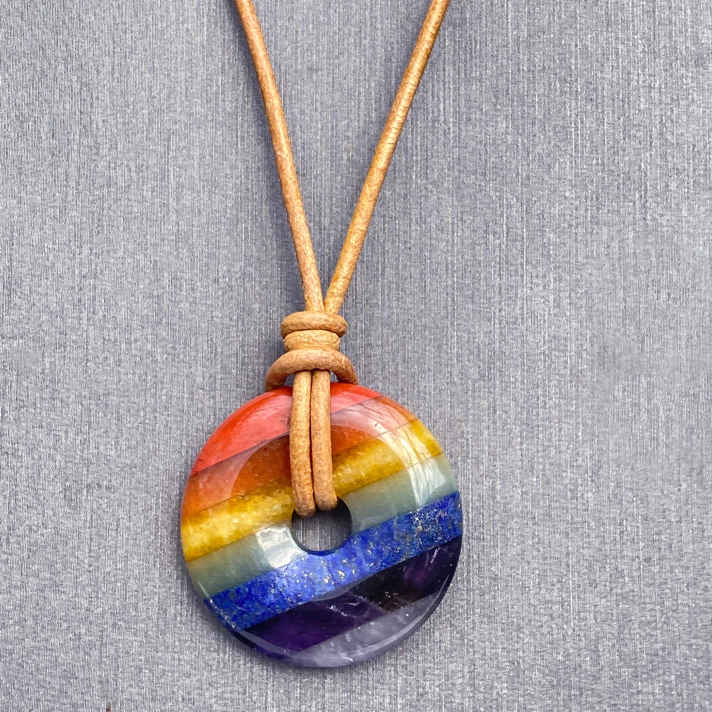 Rainbow Bonded Agate Gemstones Leather Necklace