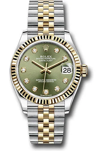 Rolex Steel and Yellow Gold Datejust 31 Watch - Fluted Bezel - Olive Green Diamond Dial - Jubilee Bracelet 278273 ogdj