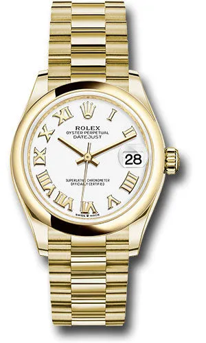 Rolex Yellow Gold Datejust 31 Watch - Domed Bezel - White Roman Dial - President Bracelet 278248 wrp