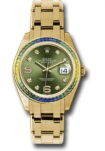 Rolex Yellow Gold Datejust Pearlmaster 39 Watch - 48 Blue To Green Gradient Baguette-Cut Sapphires Bezel - Olive Green Diamond Dial - 86348SABLV