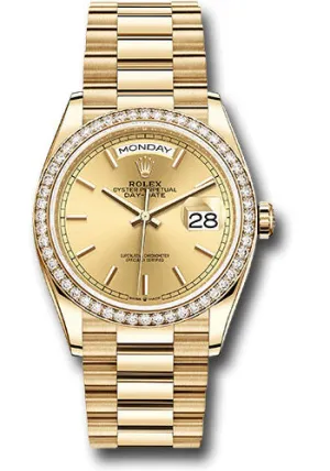 Rolex Yellow Gold Day-Date 36 Watch - Diamond Bezel - Champagne Index Dial - President Bracelet - 128348RBR chip