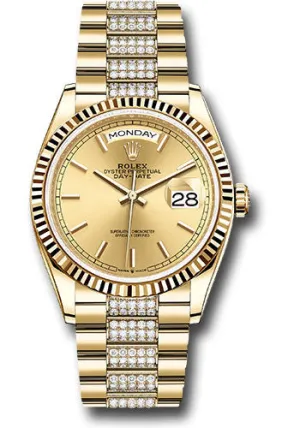 Rolex Yellow Gold Day-Date 36 Watch - Fluted Bezel - Champagne Index Dial - Diamond President Bracelet - 128238 chidp