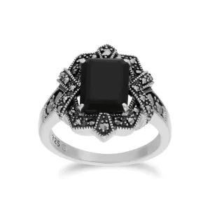 Schwarzer Onyx Ring, Sterling Silber Schwarz Onyx & Markasit Oktagon Art Déco Ring - schwarzer Onyx