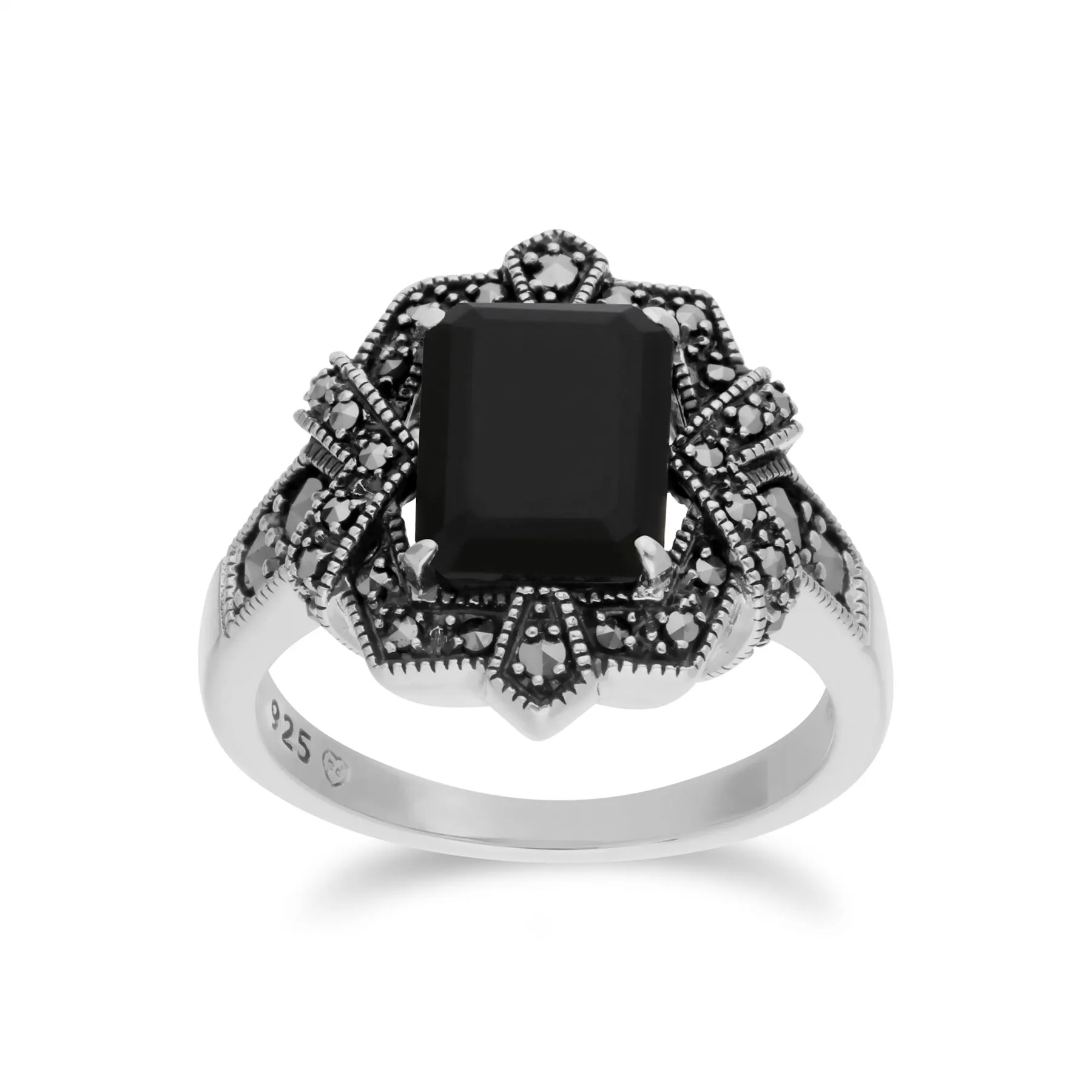 Schwarzer Onyx Ring, Sterling Silber Schwarz Onyx & Markasit Oktagon Art Déco Ring - schwarzer Onyx