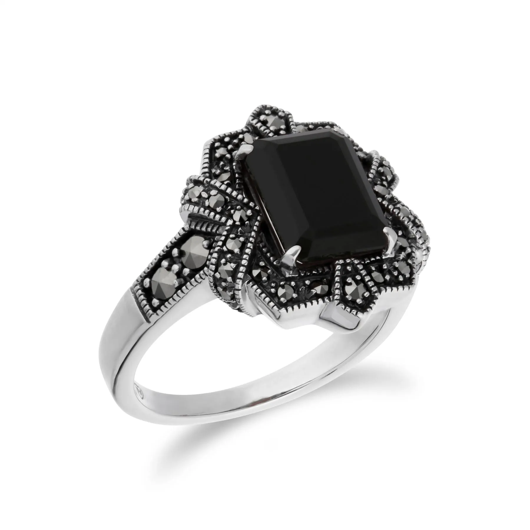 Schwarzer Onyx Ring, Sterling Silber Schwarz Onyx & Markasit Oktagon Art Déco Ring - schwarzer Onyx