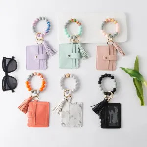 Silicone Tassel Beaded Bangle Wristlet Keychain Bracelet With Card Holder Wallet