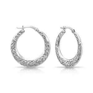 Sterling Silver Diamond-Cut Flat Hoop Earrings, 925 Sterling Silver Medium Hoop Earrings, Hand Engraved Design