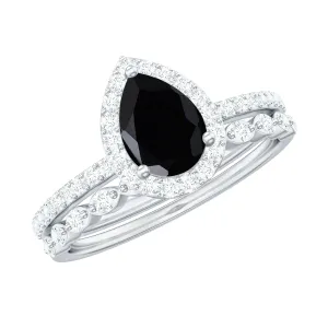 Teardrop Black Onyx Bridal Ring Set with Diamond