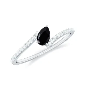 Tilted Pear Shape Black Onyx and Diamond Bypass Promise Ring