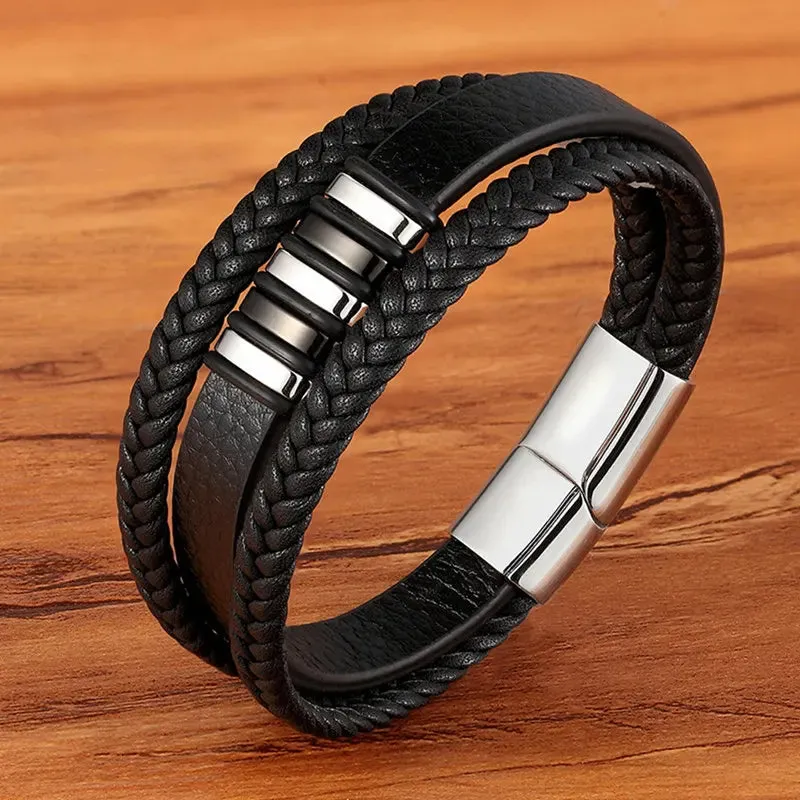 TYO High Quality Stainless Steel Charm Stackable Layered Bracelet Leather Genuine Braided Black Bracelet for Men's Hand Jewelry