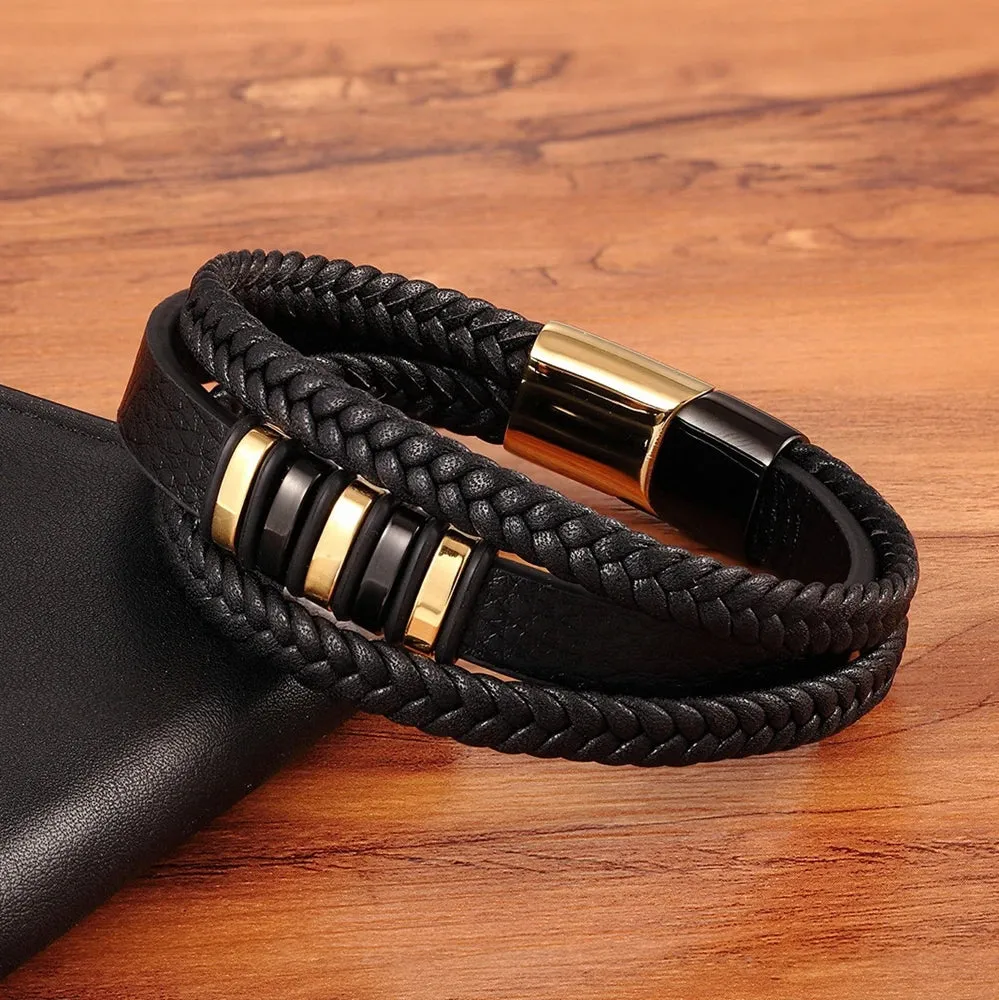 TYO High Quality Stainless Steel Charm Stackable Layered Bracelet Leather Genuine Braided Black Bracelet for Men's Hand Jewelry