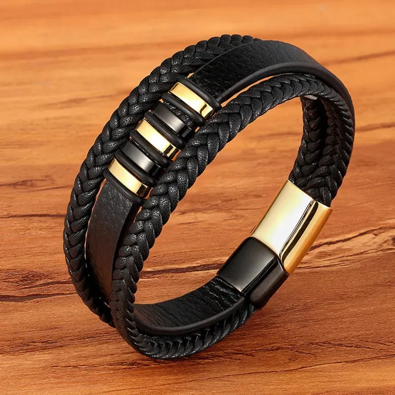 TYO High Quality Stainless Steel Charm Stackable Layered Bracelet Leather Genuine Braided Black Bracelet for Men's Hand Jewelry