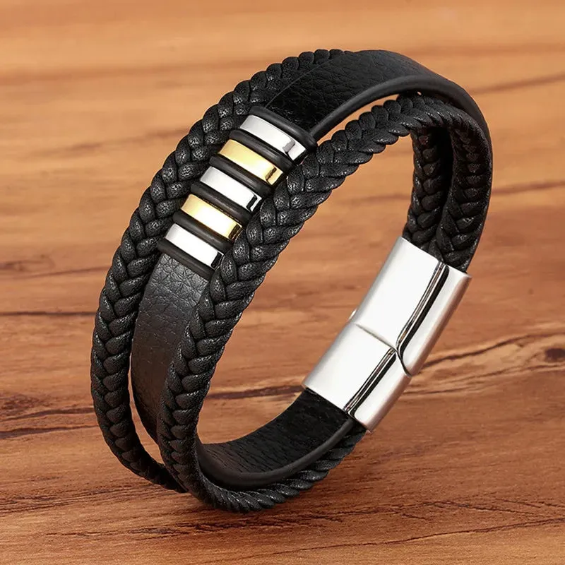 TYO High Quality Stainless Steel Charm Stackable Layered Bracelet Leather Genuine Braided Black Bracelet for Men's Hand Jewelry