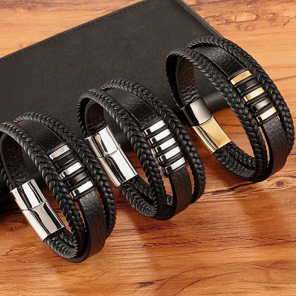 TYO High Quality Stainless Steel Charm Stackable Layered Bracelet Leather Genuine Braided Black Bracelet for Men's Hand Jewelry