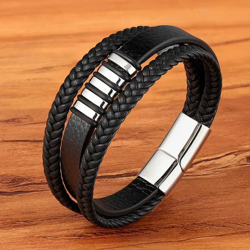 TYO High Quality Stainless Steel Charm Stackable Layered Bracelet Leather Genuine Braided Black Bracelet for Men's Hand Jewelry