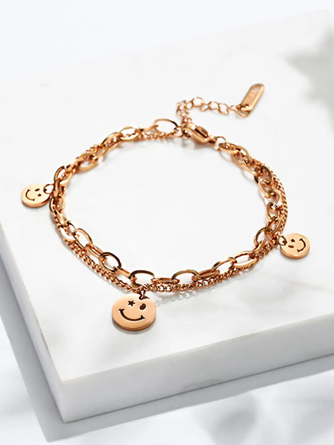 Yellow Chimes Charm Bracelet for Women Rose Gold-Plated Stainless Steel Link Chain Smiley Charm Bracelet For Women and Girls