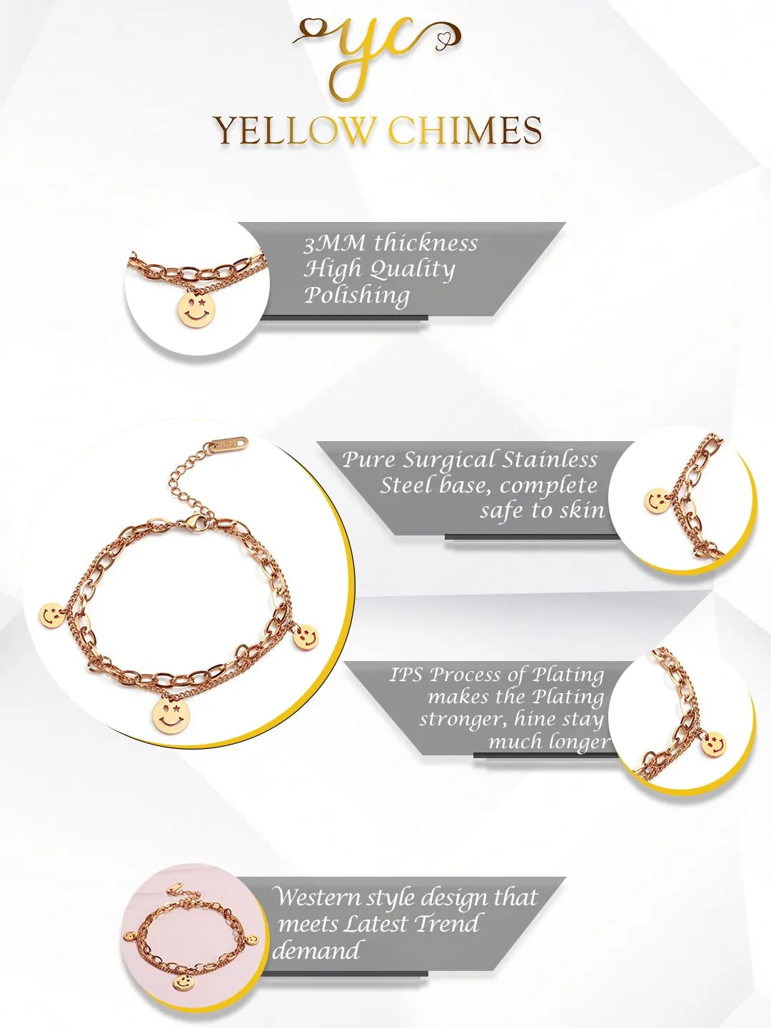 Yellow Chimes Charm Bracelet for Women Rose Gold-Plated Stainless Steel Link Chain Smiley Charm Bracelet For Women and Girls