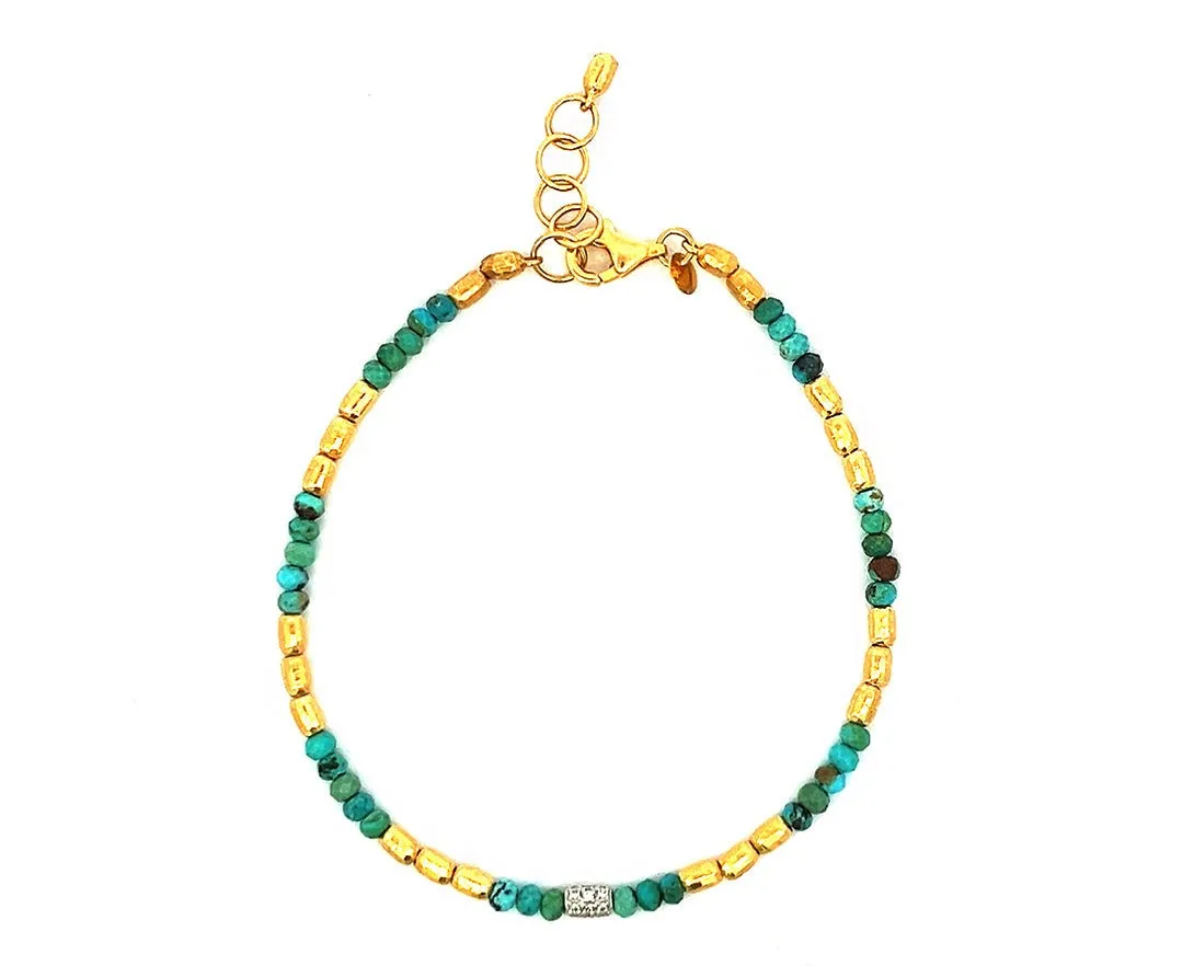 Yellow gold bead bracelets with lapis lazuli, diamonds and turquois