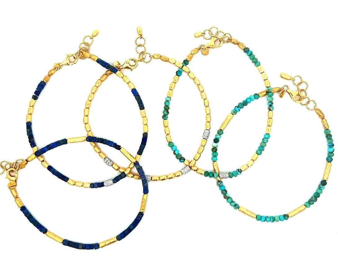 Yellow gold bead bracelets with lapis lazuli, diamonds and turquois